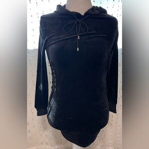 Rue21 Black Velvet Hoodie Dress Corset Lace Up Gothcore Y2K Bodycon Mini Sz XS